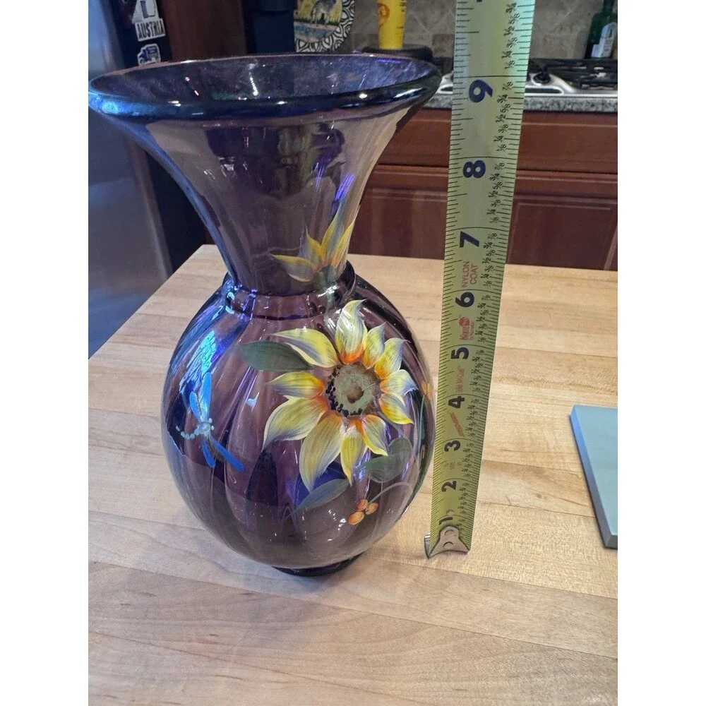 Fenton Amethyst Glass Vase Hand Painted Sunflower Dragonfly Signed D Cutshaw